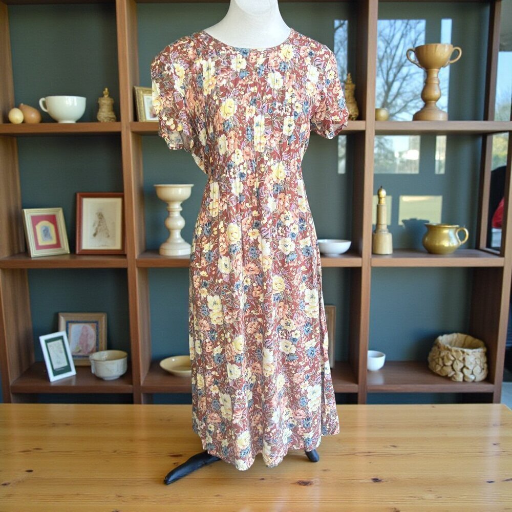 Vintage 90s Jamie Brooke Blush Pink Floral Pleat Front Modest Dress Size 12